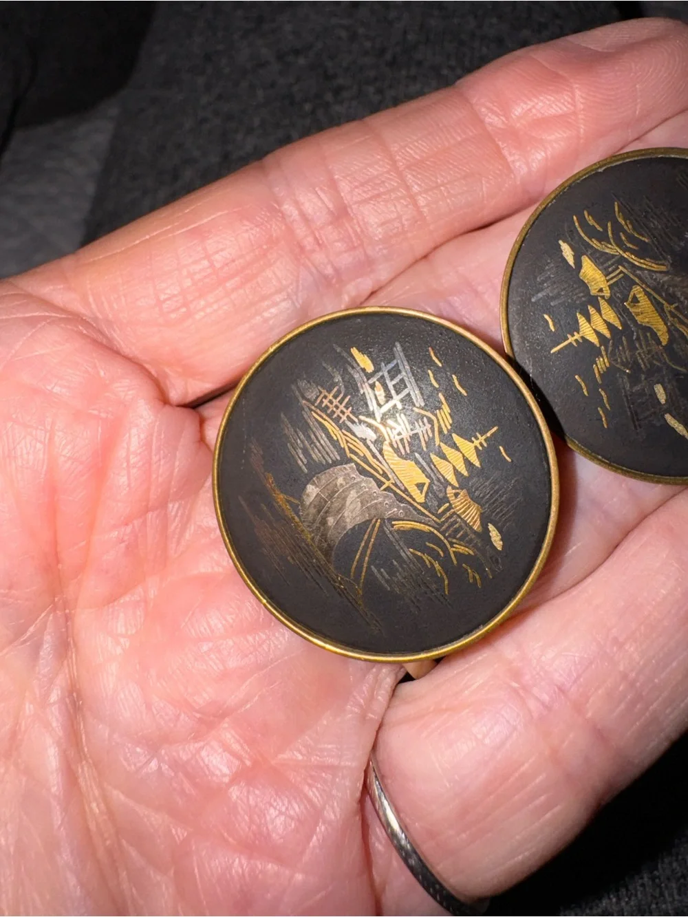 Vintage 1930’s Amita  Japanese Black & Gold Scenic cuff links Pair